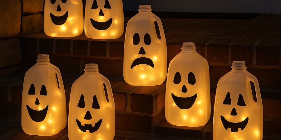 "Homemade Halloween decorations indoors and outdoors with glowing ghost faces made from recycled milk jugs lit up on a front porch staircase.