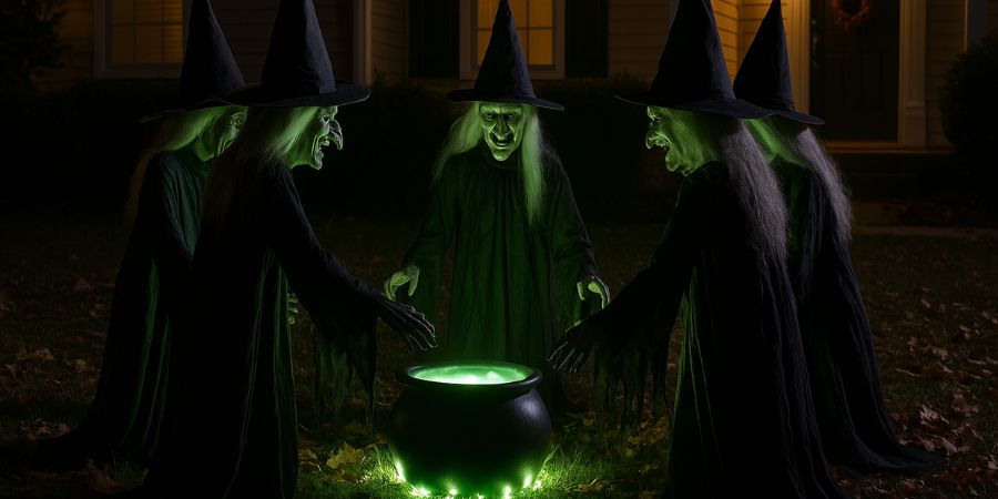 Over the top Halloween decorations with glowing witches gathered around a bubbling cauldron in a spooky front yard scene.