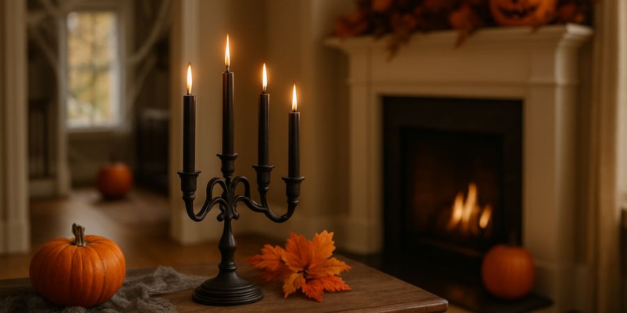 Halloween interior decorating with a black candelabra, glowing candles, pumpkins, and autumn leaves creating a spooky yet cozy living room scene.