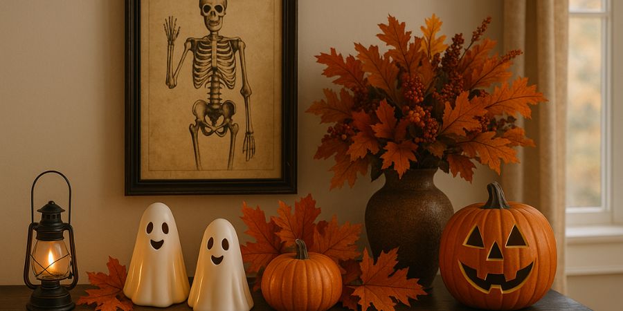 Halloween interior design with a spooky skeleton wall art, ceramic ghost figures, pumpkins, jack-o’-lantern, and autumn leaves arranged on a cozy table display.