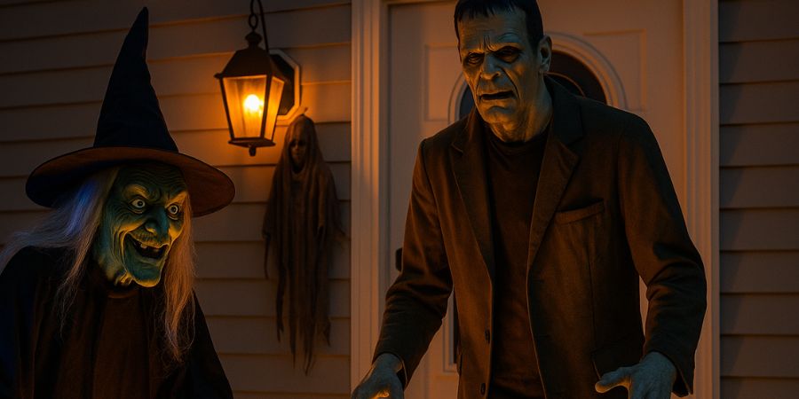 Best place to get Halloween decorations featuring life-size witch and Frankenstein figures creating a spooky haunted porch scene.