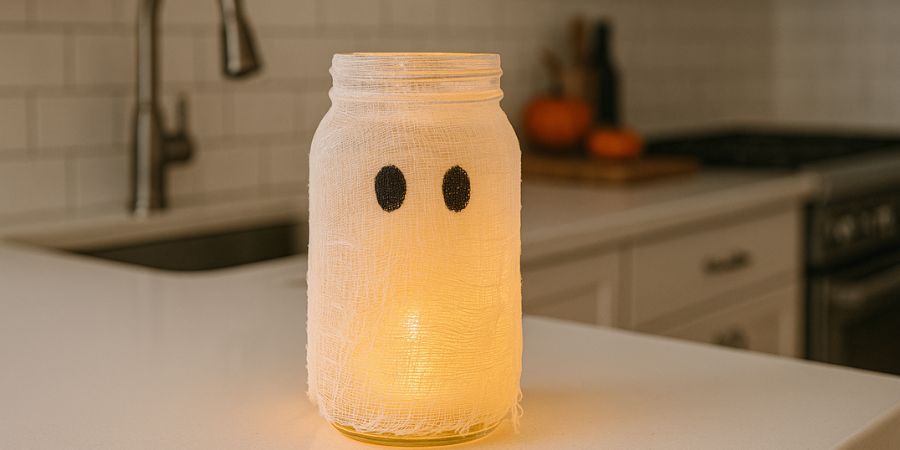 DIY Halloween decorations for outside and indoors featuring a glowing mason jar ghost lantern wrapped in gauze on a kitchen counter.