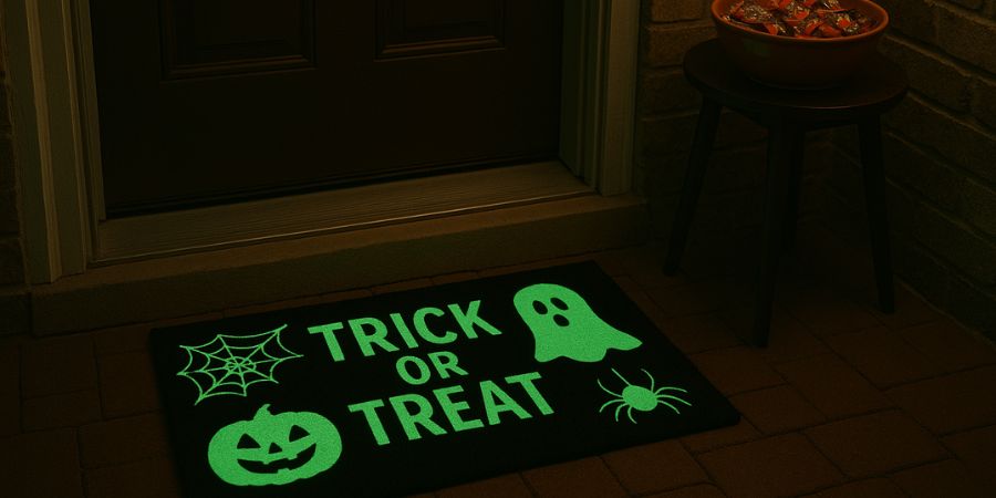 Scary Halloween yard ideas with a glowing green trick-or-treat doormat featuring a jack-o’-lantern, ghost, spider, and web at the front door.