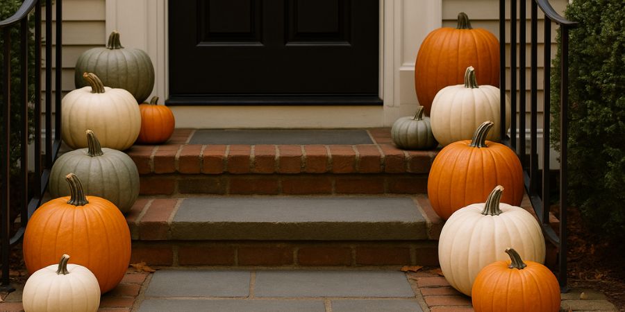 Best Halloween yard decorations with orange, white, and green pumpkins arranged on brick steps leading to a front door.