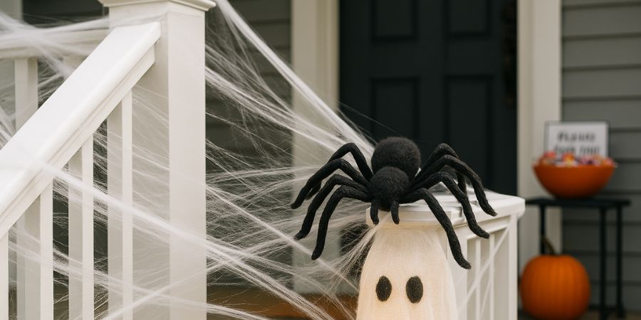 DIY Halloween decorations for outside with a giant black spider, cobwebs, and a ghost figure on a front porch railing.