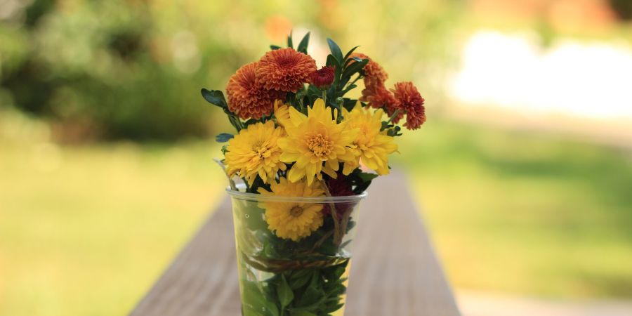 Halloween home decor with a simple bouquet of yellow and orange fall flowers in a clear cup, adding seasonal charm to outdoor decorations.