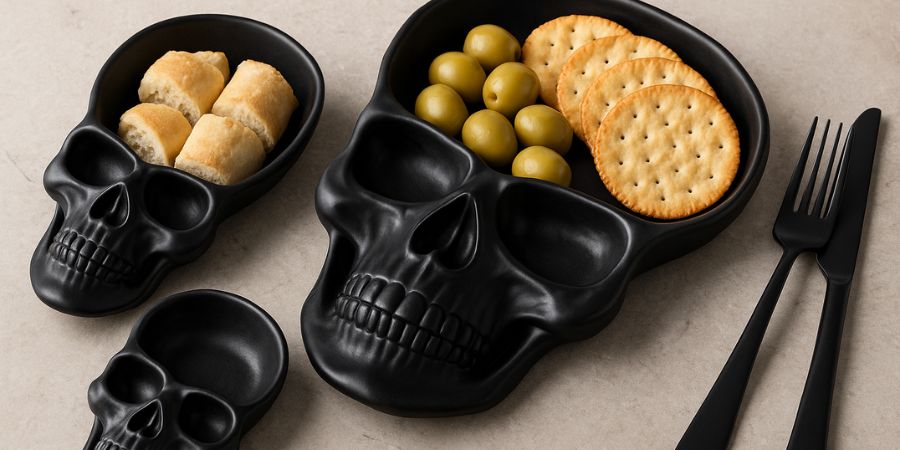 Halloween home decor with black skull-shaped serving dishes filled with crackers, olives, and bread rolls for a spooky party display.