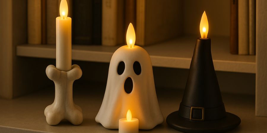 Halloween interior decorating with ghost, bone, and witch hat candles glowing warmly on a shelf for a cozy spooky vibe.