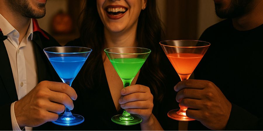 Halloween home decor party scene with friends holding glowing blue, green, and orange cocktails in a festive spooky setting.