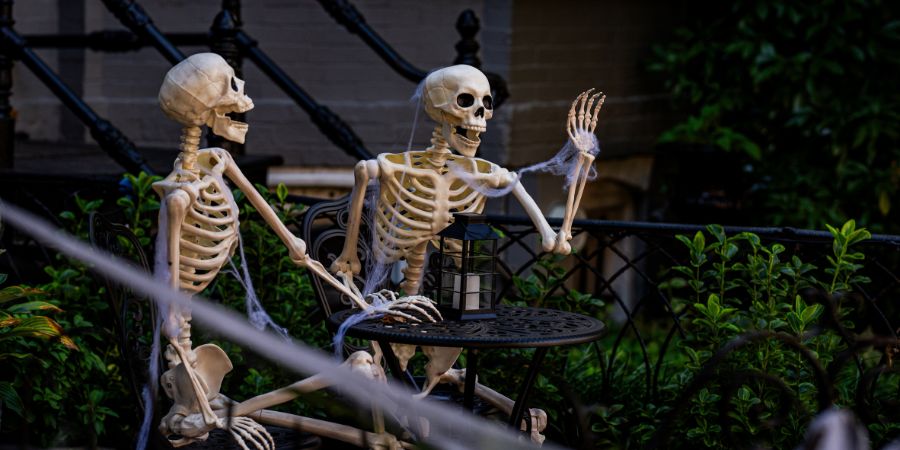 Scary Halloween yard ideas with life-size skeleton decorations seated at a garden table covered in cobwebs for a spooky outdoor scene.