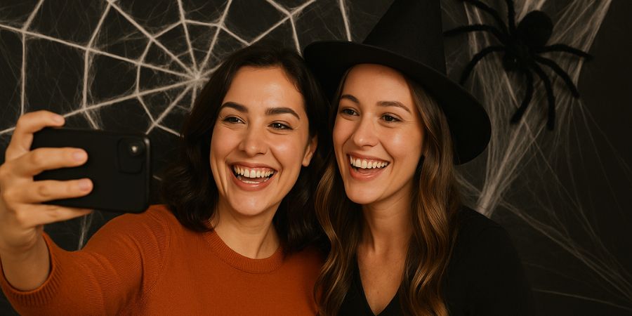 Halloween interior decorating with friends taking a selfie in front of a spooky spider web backdrop featuring a giant black spider.