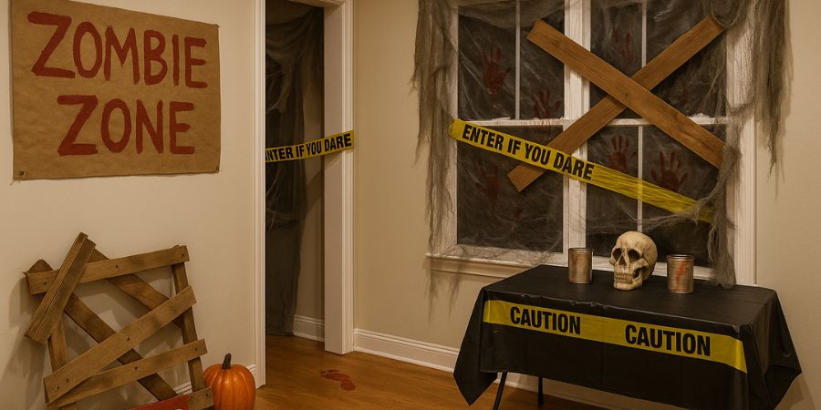 Halloween interior decorating with a zombie zone theme featuring boarded windows, caution tape, skulls, and spooky props.