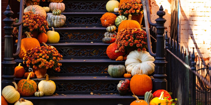 Homemade Halloween decorations indoors and outdoors with pumpkins and autumn flowers arranged beautifully on a staircase for seasonal charm.