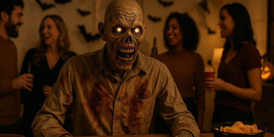 Over the top Halloween decorations with a terrifying zombie animatronic at a party surrounded by laughing guests and spooky decor.