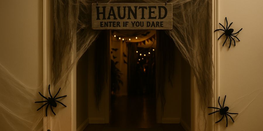 "Best Halloween decorations featuring a haunted hallway entrance with cobwebs, giant spiders, and a wooden sign reading 'Haunted – Enter if You Dare' at a spooky house party.