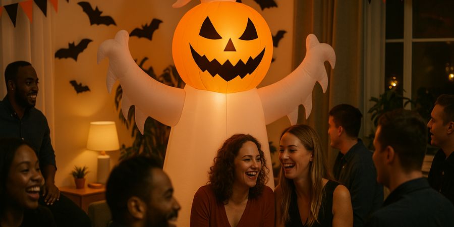 Best outdoor Halloween decorations featuring a giant glowing inflatable pumpkin ghost at a lively Halloween party with friends.