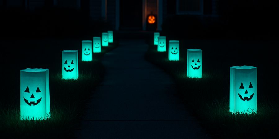 Best Halloween door decorations with glowing jack-o’-lantern pathway lights leading up to a spooky front porch display.
