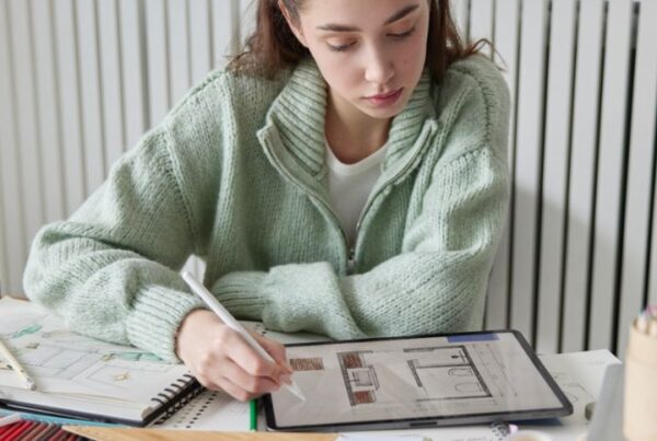 Aspiring designer studying floorplans and color swatches, preparing for an interior design career and learning how to get into interior design.