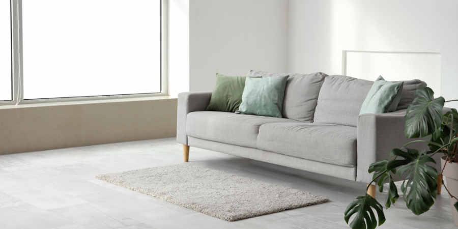 Minimalist living room with a light gray sofa, soft green accent pillows, a neutral area rug, large windows letting in natural light, and a potted plant, creating a calm, airy interior.