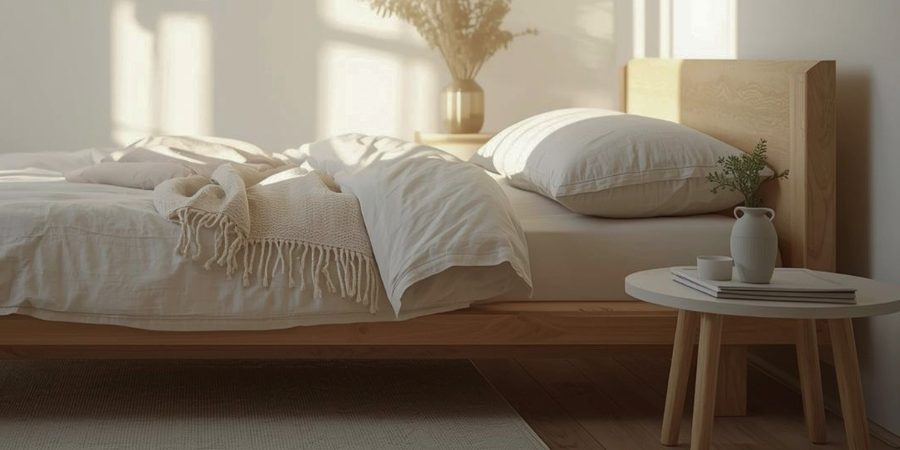 Minimalist bedroom design with wooden bed frame, white bedding, and soft natural light.