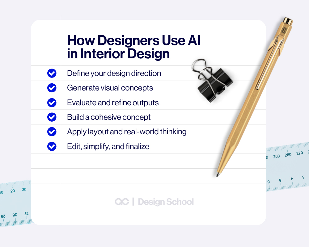 An infographic checklist titled 'How Designers Use AI in Interior Design.' The checklist includes six steps: Define your design direction; Generate visual concepts; Evaluate and refine outputs; Build a cohesive concept; Apply layout and real-world thinking; and Edit, simplify, and finalize. The graphic is designed to look like a notepad, accented with a gold pen, a black binder clip, and a ruler. The QC Design School logo is at the bottom.