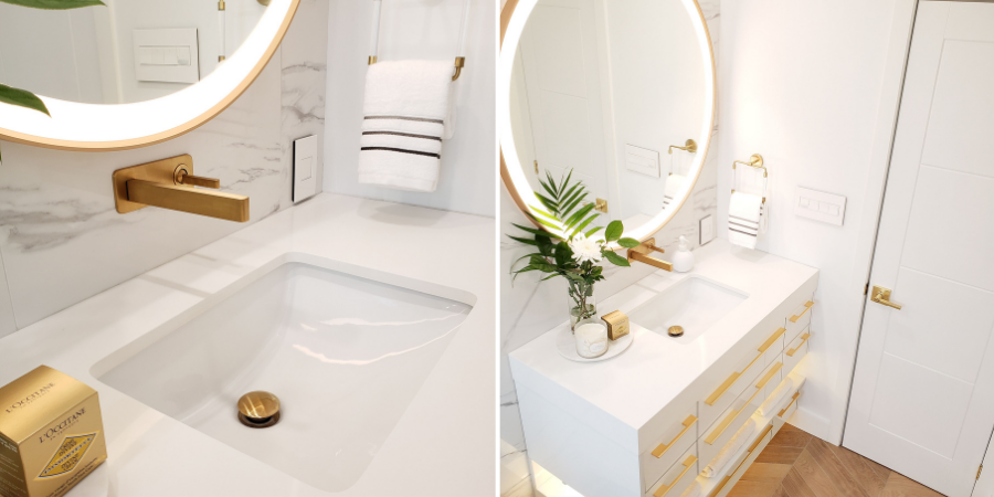 A side-by-side collage showcasing a modern bathroom vanity, featuring white quartz countertops, brushed gold hardware, marble tile backsplash, and a round backlit mirror.