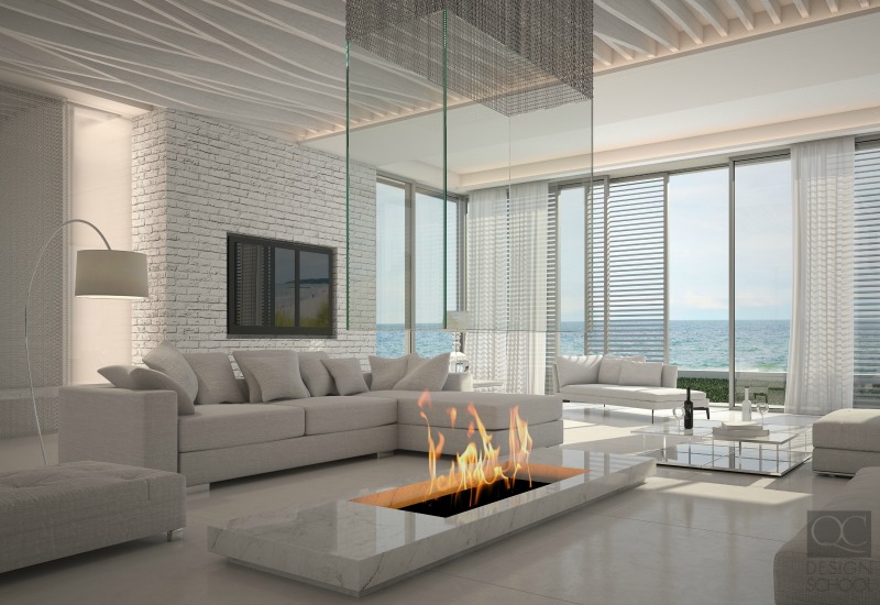 minimal white living room with open fireplace