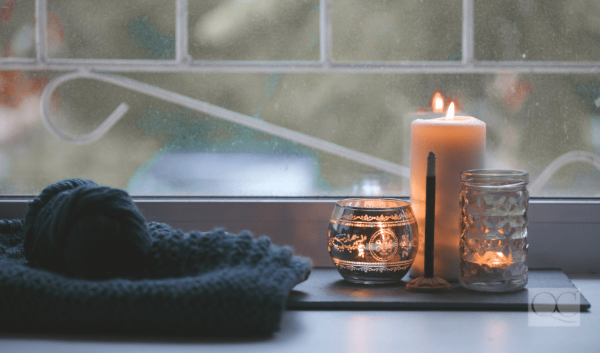 Candle and aroma stick on windowsill. Concept of relax, tranquil, peaceful, unplug, balanced time, Keep kalm and take it easy, knit leisure, meditation zen background