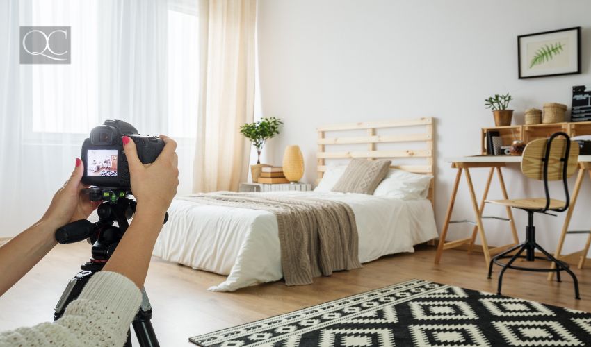 Photographer taking a photo of a modern bedroom for market listing