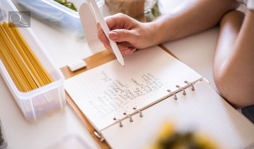 Smiling young beautiful business female taking notes in paper diary at modern Nordic style kitchen. Happy woman writing in notepad surrounded by comfortable organization storage minimalistic cuisine