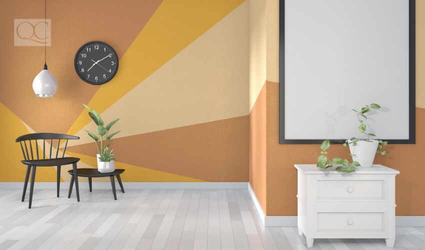 Ideas of yellow and orange room Geometric Wall Art Paint Design color full style on wooden floor.3D rendering