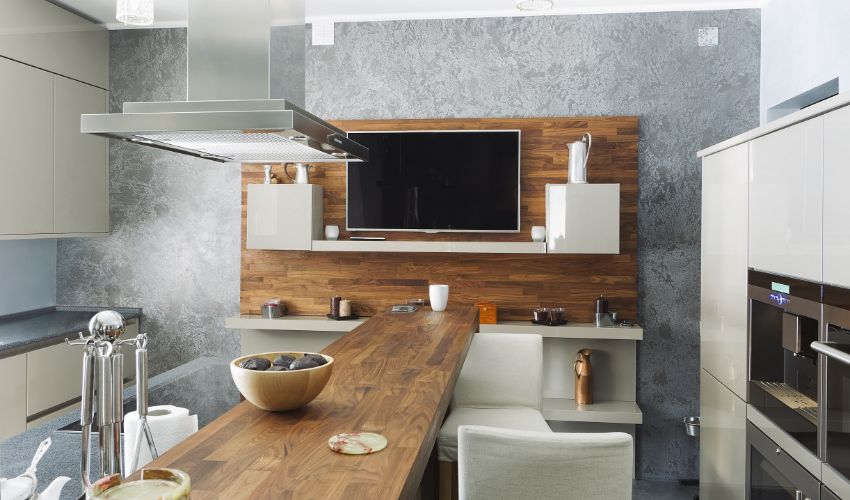 residential interior of modern kitchen in luxury mansion. Home decor ideas.