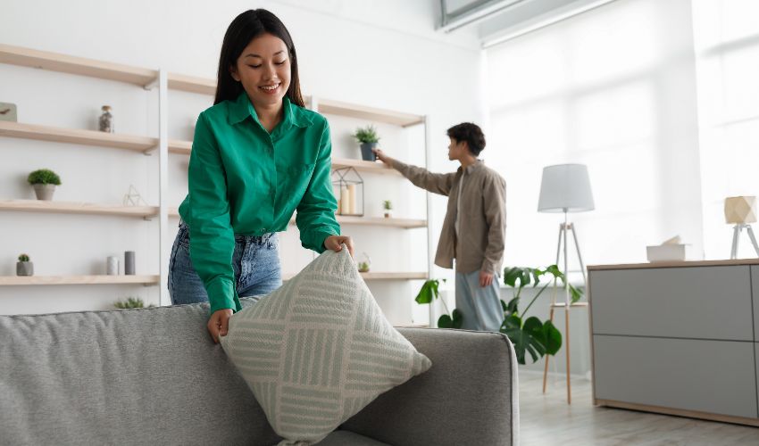 Young Asian woman putting pillow on comfy sofa, making home cozy and warm together with her boyfriend, free space. Millennial couple decorating or designing their apartment