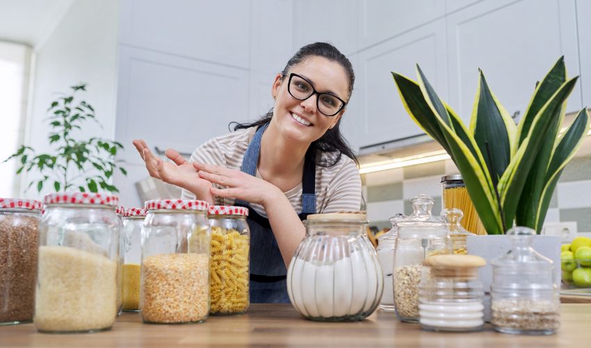 Storing food in kitchen, woman with jars and containers talking and looking at camera