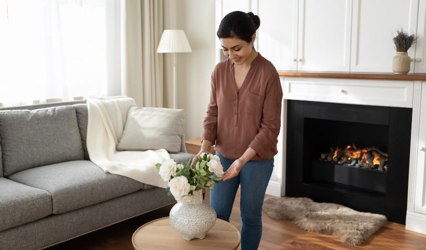 Cozy homey. Happy millennial indian woman young wife decorating luxury living room of family home put bunch of white roses on table before fireplace. Young mixed race female improving house interior. Interior decorating concept.