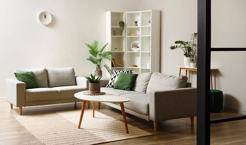 Interior of light living room with coffee table, sofas and houseplants. Interior designer degree article.