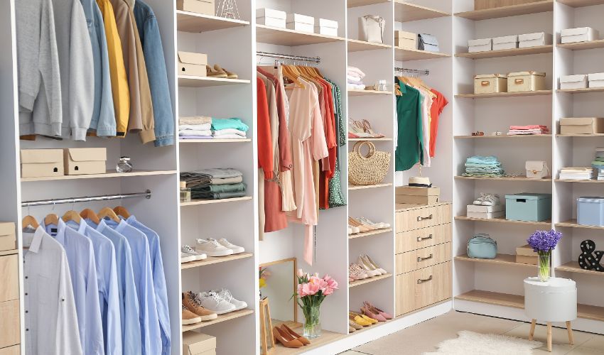 Modern wardrobe with stylish spring clothes and accessories. Professional organizer article.