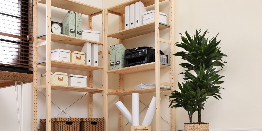 Modern home workplace with wooden storage. Idea for interior design. Charge professional organizer article.