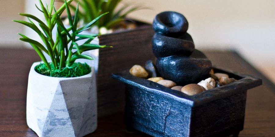 Water fountain and plant pot as table decoration. Feng Shui article.