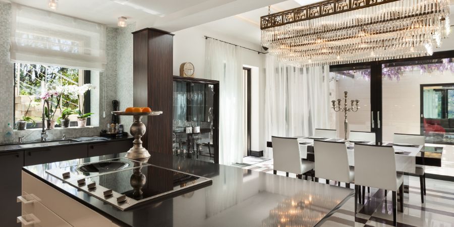 Modern architecture, beautiful kitchen of a luxury apartment. Virtual design article.