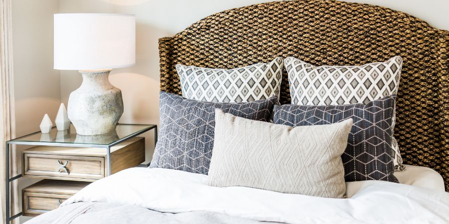 Closeup of new bed comforter with decorative pillows, headboard in bedroom in staging model home, house or apartment. Home staging article.